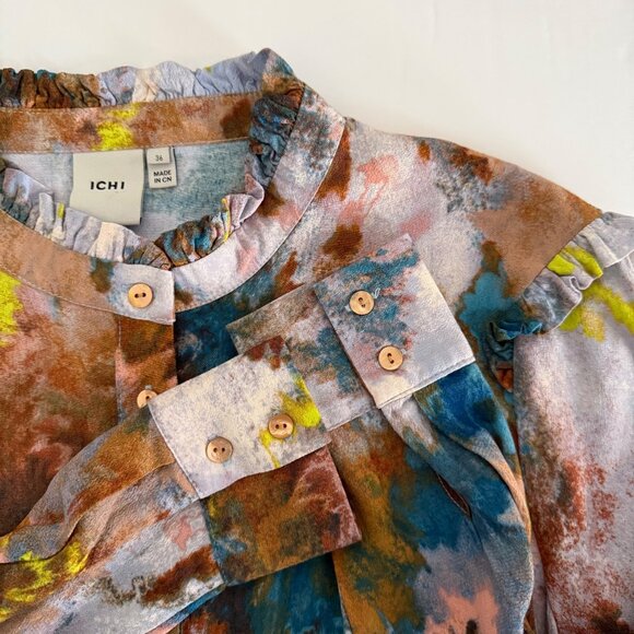 SIZE 8 ICHI Womens 36 Multicolor Dyed Midi Button Front Long Sleeve Shirt Dress - Picture 4 of 9